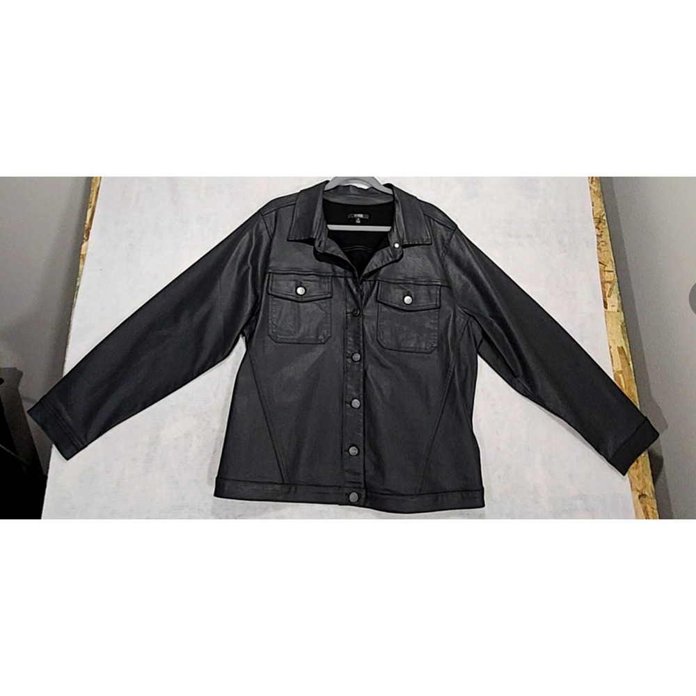 NYDJ Jeans Jacket 1X 18 Denim Coated Black Gray Waxed Oilskin Bikercore Trucker